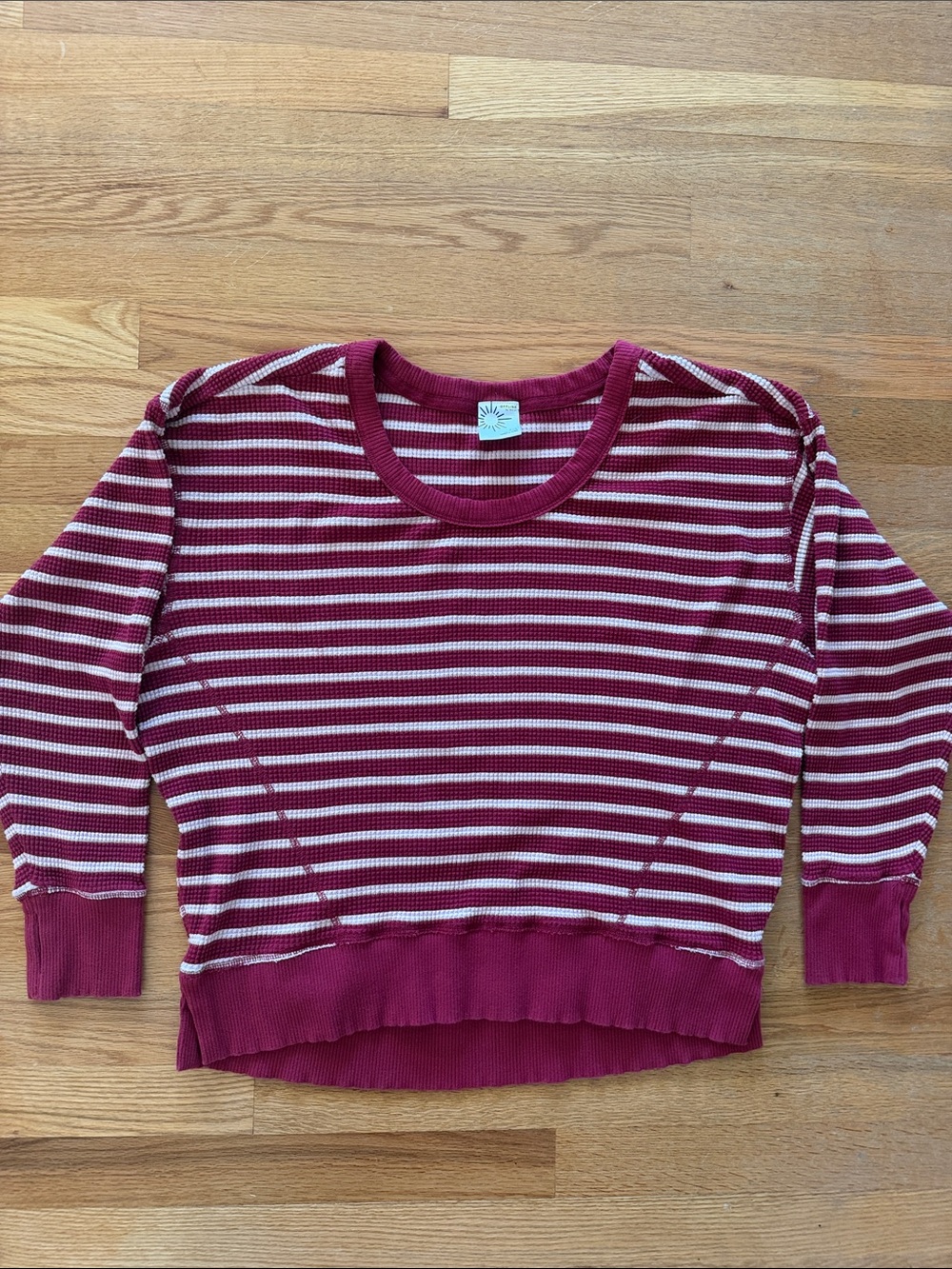 aerie Offline Burgundy and Cream Striped Crewneck Sweater